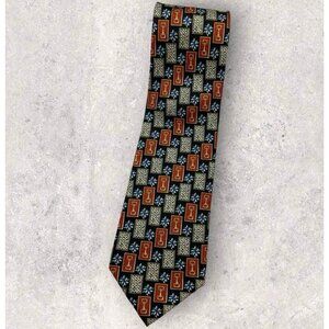 AQUASCUTUM Silk Tie ITALY Black Orange Geometric Horse Bit Floral W:3.7" EUC